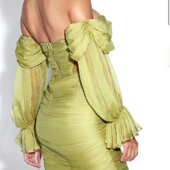 Sirene Olive Silk Pleated Off Shoulder Balloon Sleeves Dress - Picture 2 of 6
